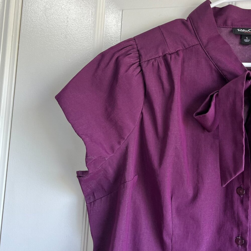 Retro Chic by Torrid Tie Neck Button Down Purple Short Sleeve Dress Shirt Size 1 - Picture 3 of 9